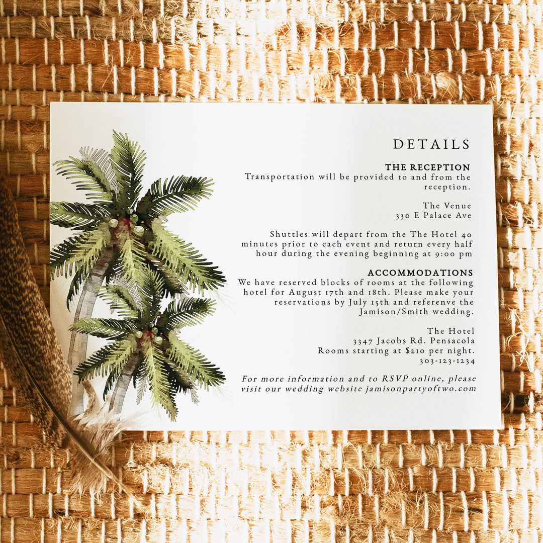 MONA Minimalist Palm Tree Wedding Details Card