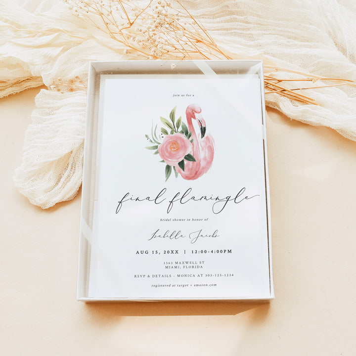 KAYA Final Flamingle Tropical Pink Flamingo Bridal Shower Invitation