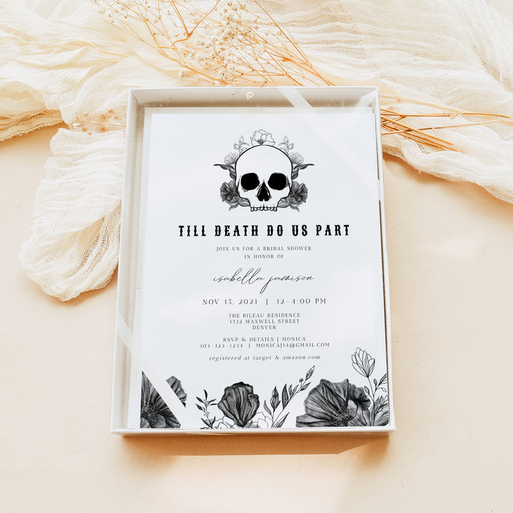 NOVA Black and White Floral Skull Bridal Shower Invitations