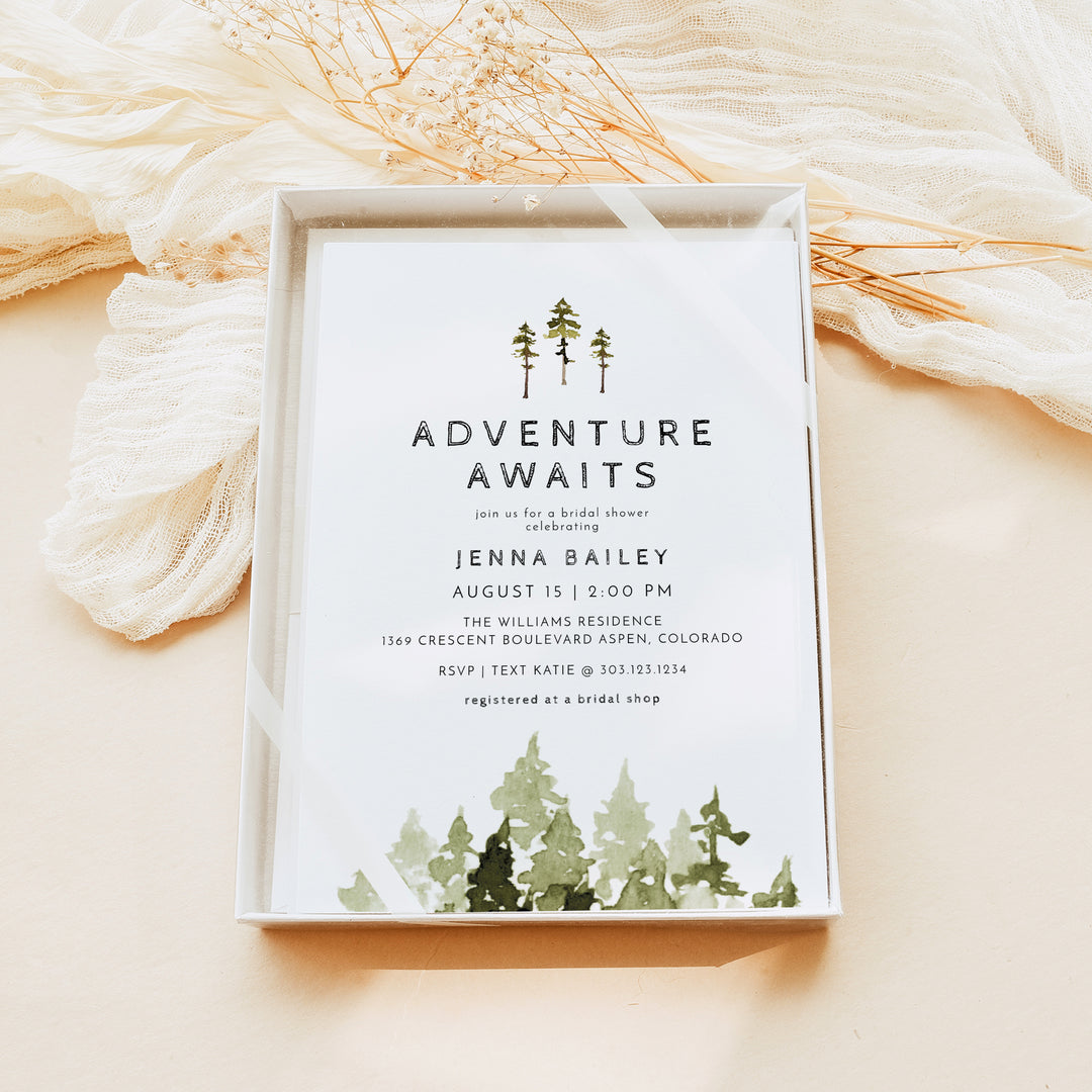JENNA Forest Green Adventure Awaits Bridal Shower Invitations