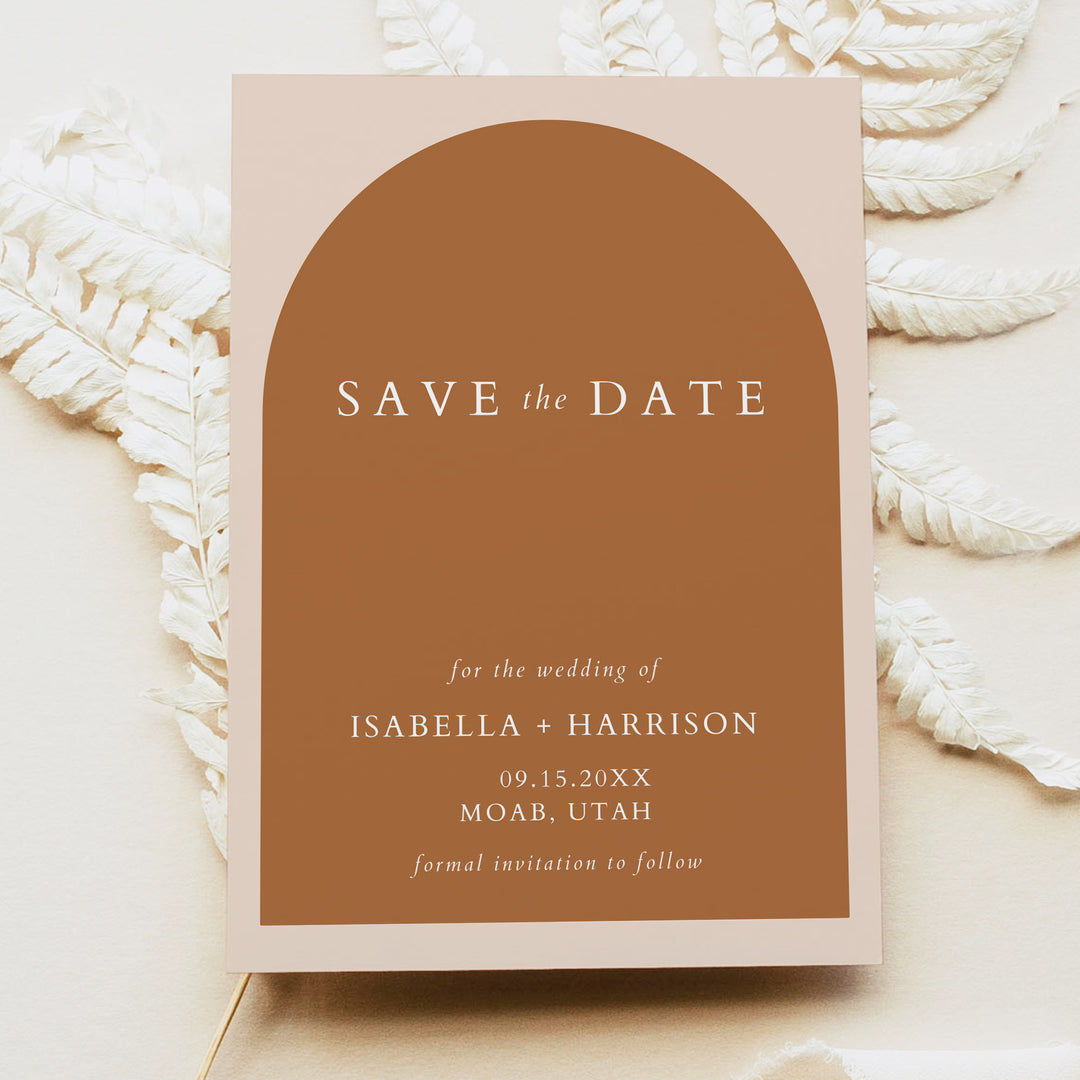 MIA Modern Minimalist Bohemian Arch Terracotta Save the Date Printed or Instant Download