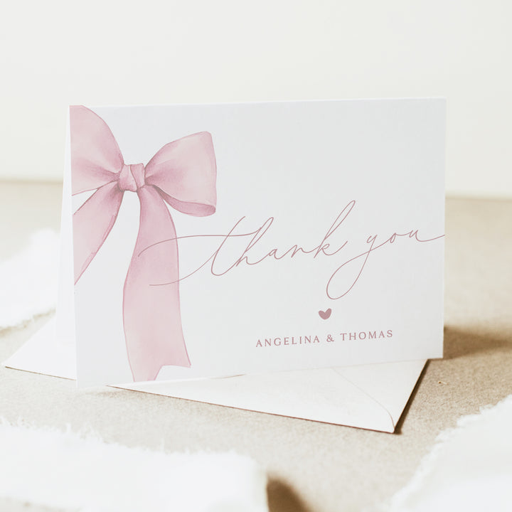 ANGELINA Pink Watercolor Bow Personalized Thank You Cards