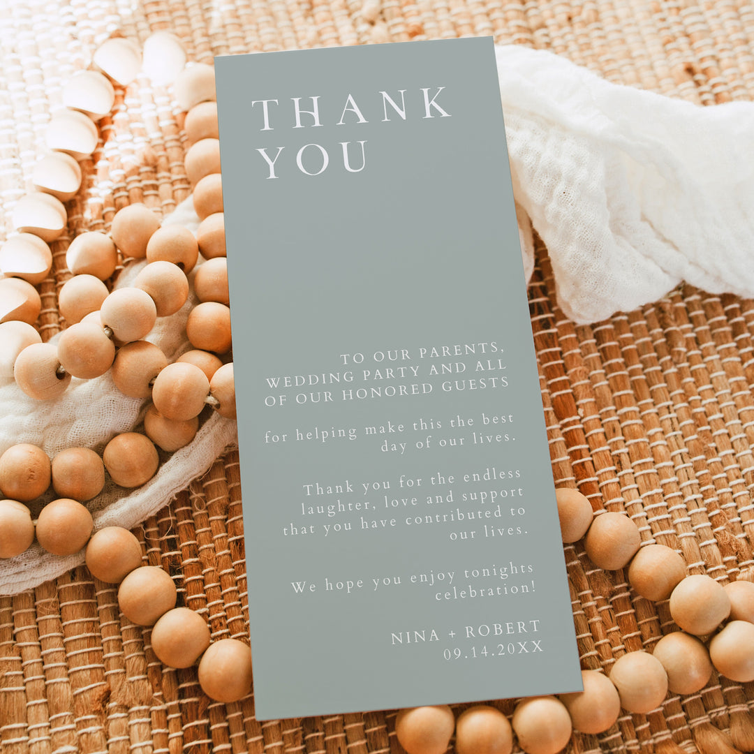 NINA Minimalist Sage Green Wedding Table Thank You Cards
