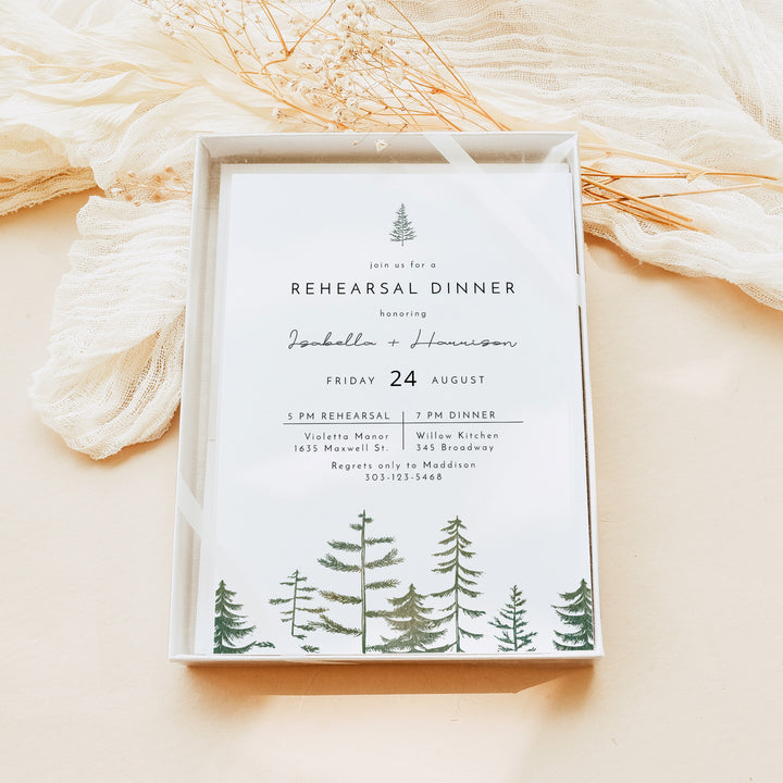 TIMBER Rustic Green Pine Forest Wedding Rehearsal Dinner Invitations