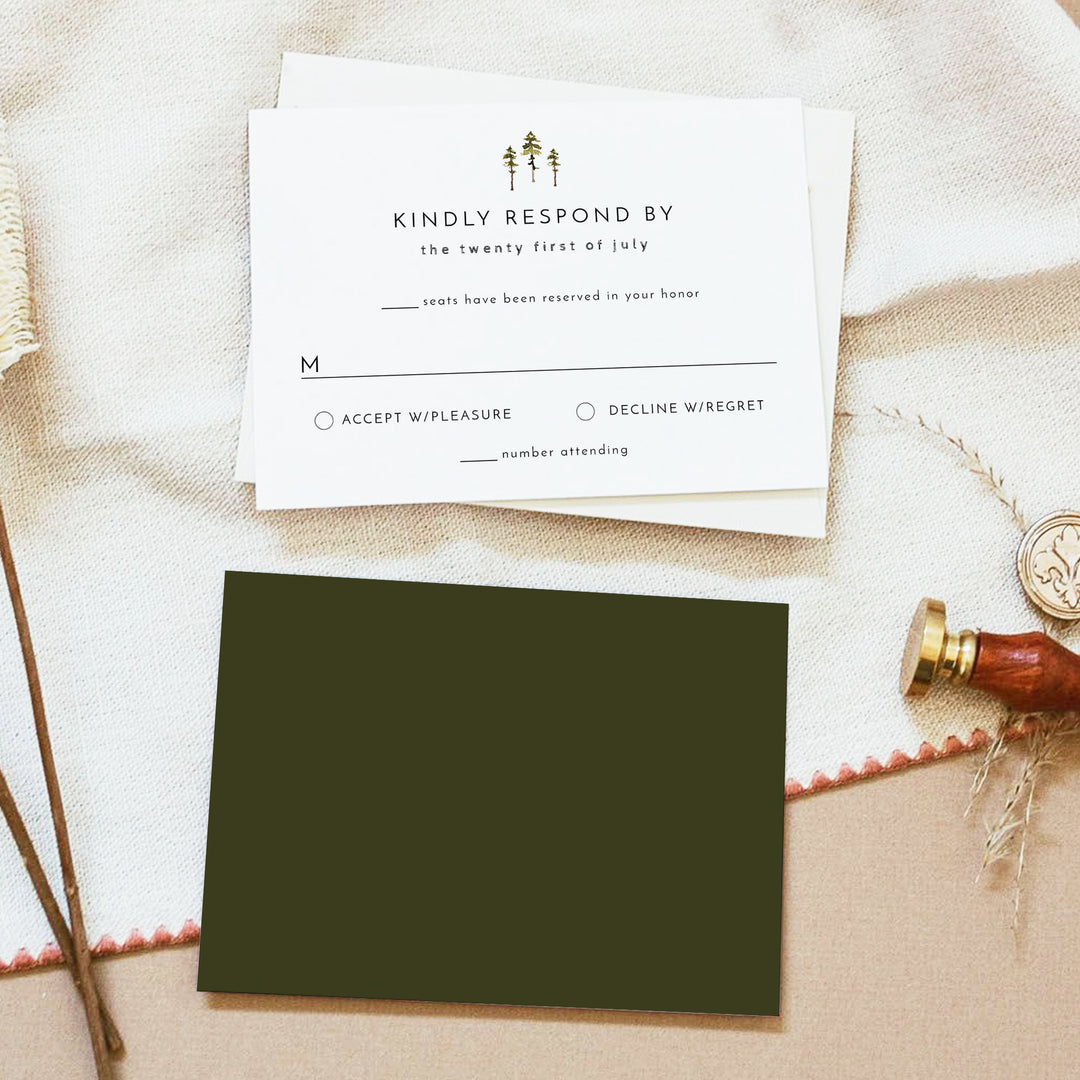 JENNA Simple Pine Tree Wedding RSVP Card with Envelopes