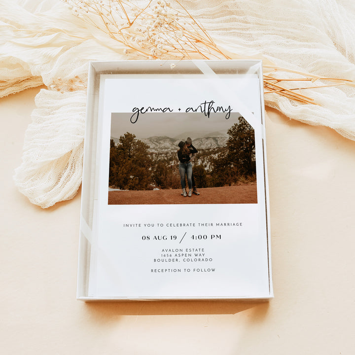 WILLOW Simple Black and White Wedding Invitation with Photos