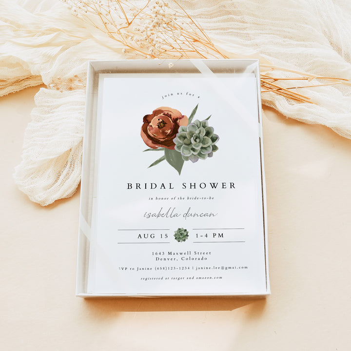 AVA Desert Succulent and Floral Bohemian Bridal Shower Invitation