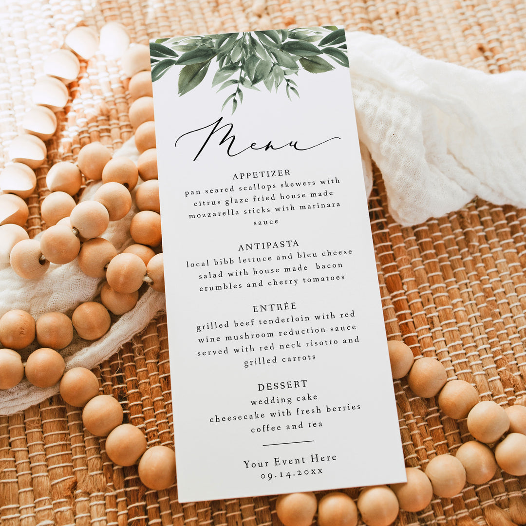 LANA Minimalist Greenery Menu Cards for Elegant Wedding