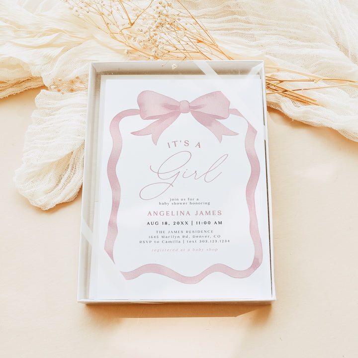 ANGELINA It's a Girl Pink Bow Baby Shower Invitation