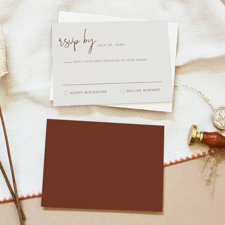 CORIANDER Minimalist Rust Boho Wedding RSVP Card with Envelopes