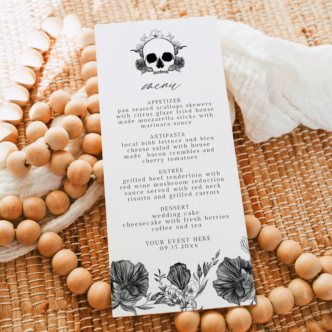 NOVA Gothic Floral and Skull Halloween Menu Cards