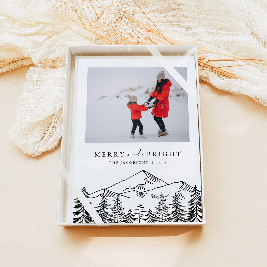 ANTORA Rustic Merry and Bright Mountain Illustration Christmas Card