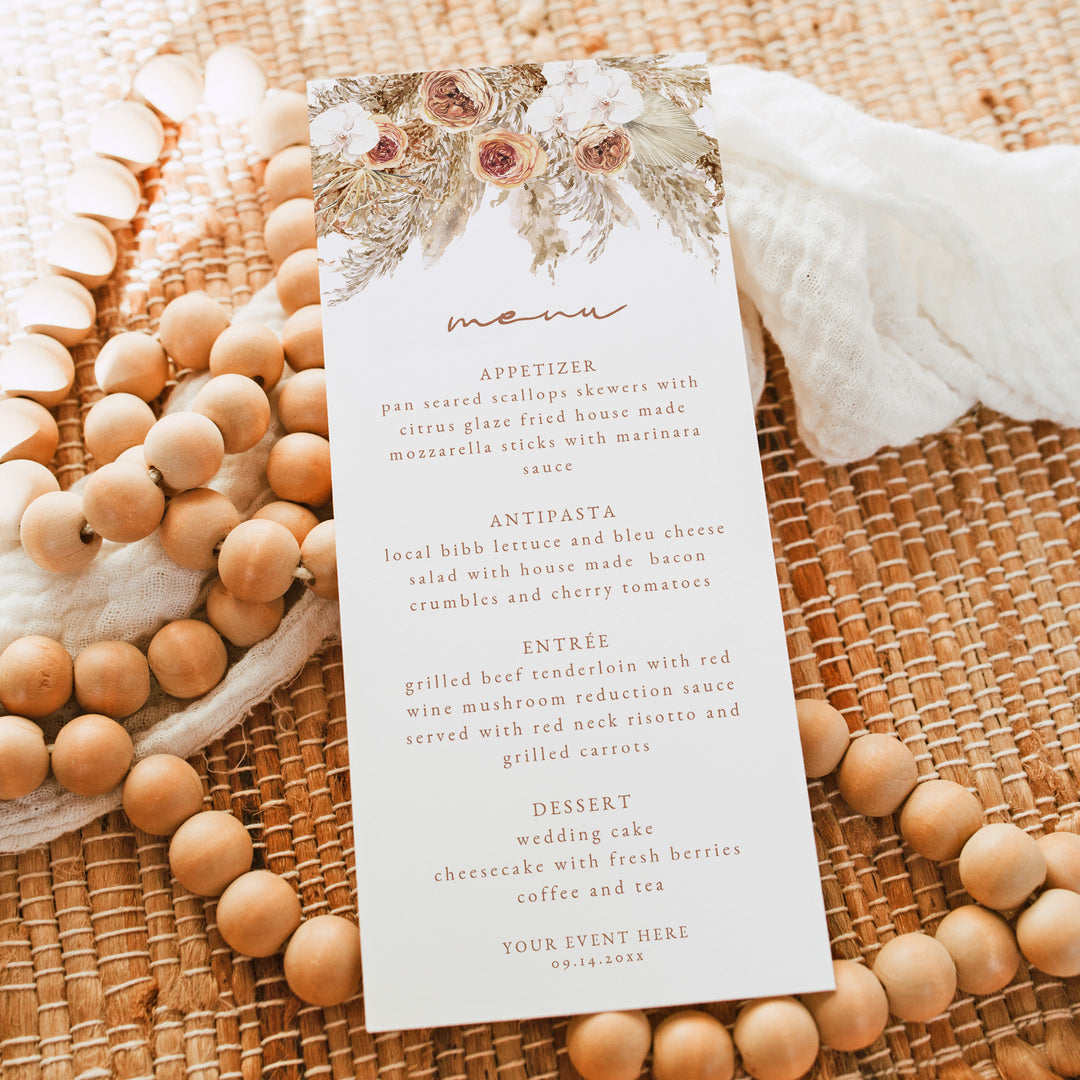 CIERA Burnt Orange Fall Florals and Pampas Menu Cards