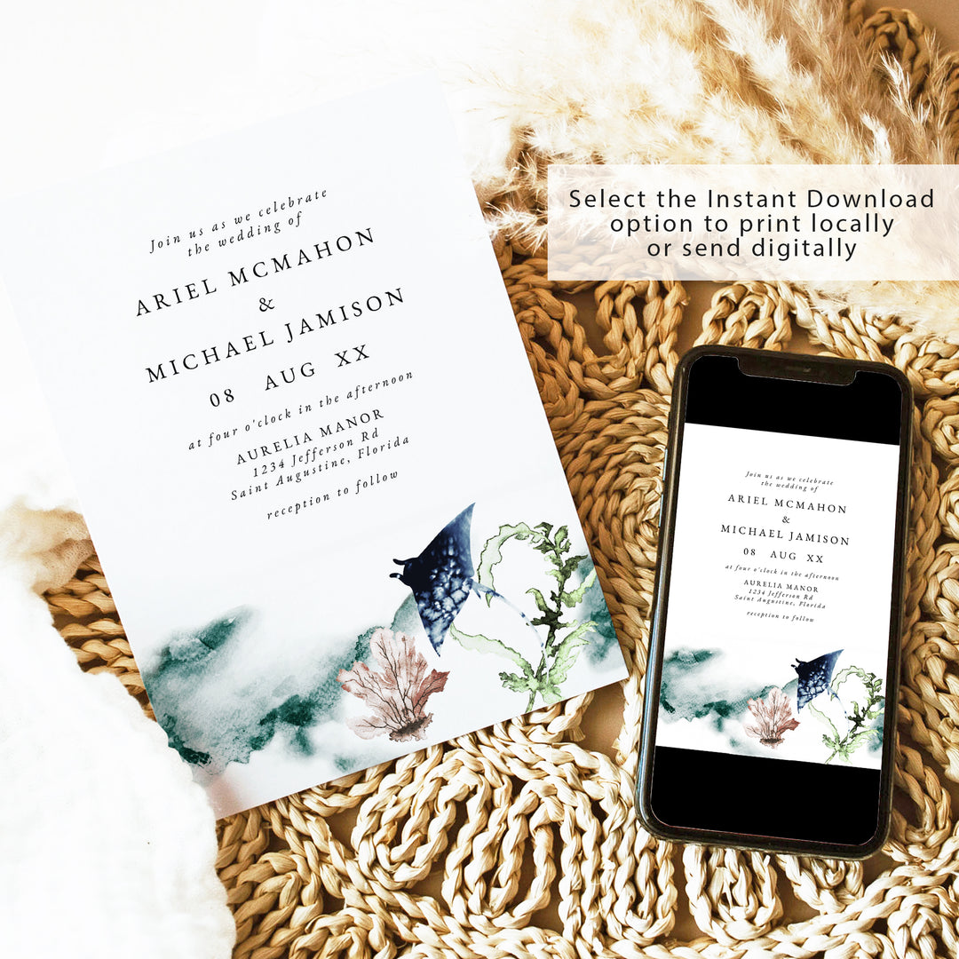 ARIEL Tropical Watercolor Ocean Manta Ray Wedding Invitation Printed or Instant Download