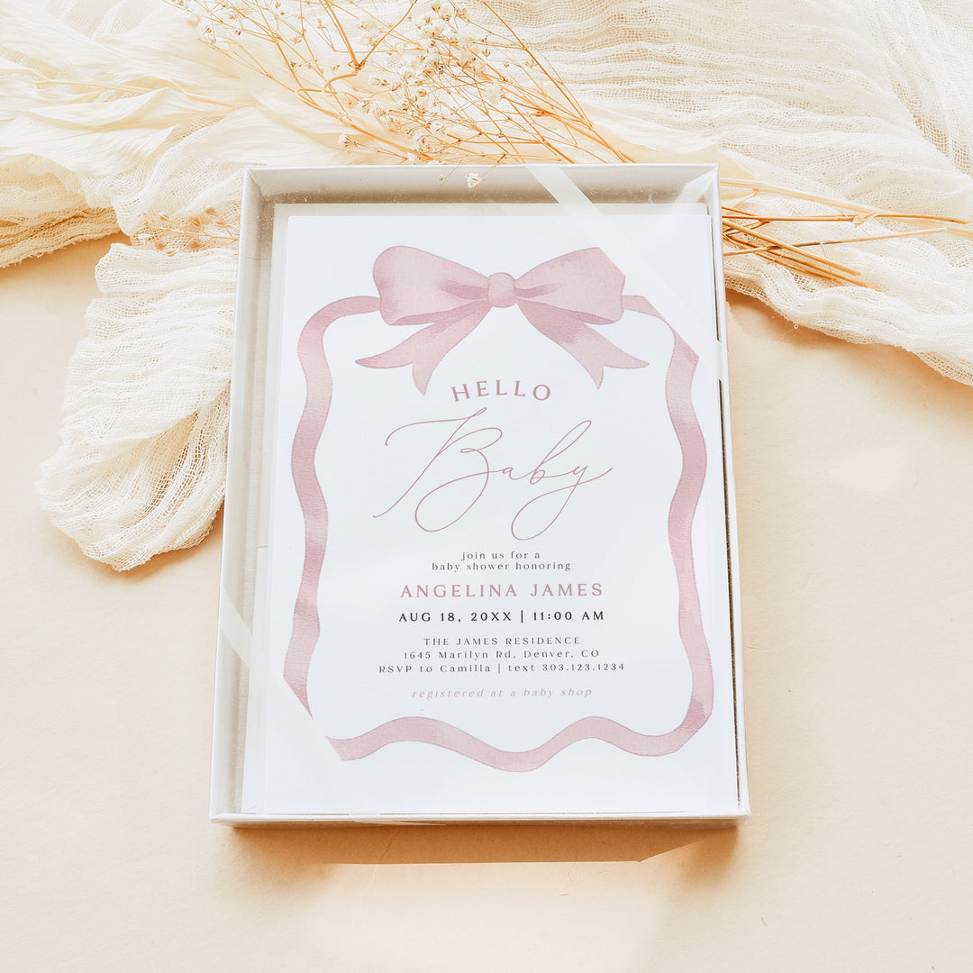 ANGELINA Pink Watercolor Bow Hello Baby Girl Shower Invitations