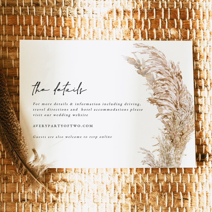 CIERA Elegant Pampas Grass Wedding Details Insert Card