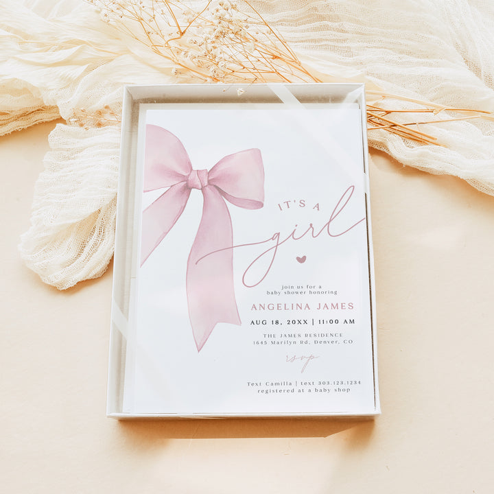 ANGELINA Blush Pink Bow Baby Girl Shower Invitation