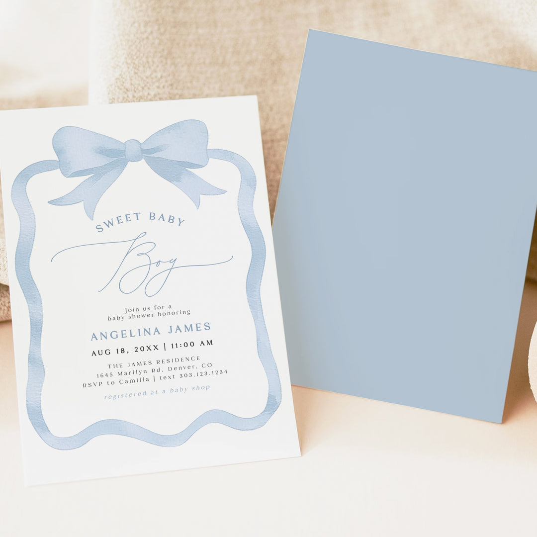 ANGELINA Sweet Baby Boy Coquette Bow Baby Shower Invitation