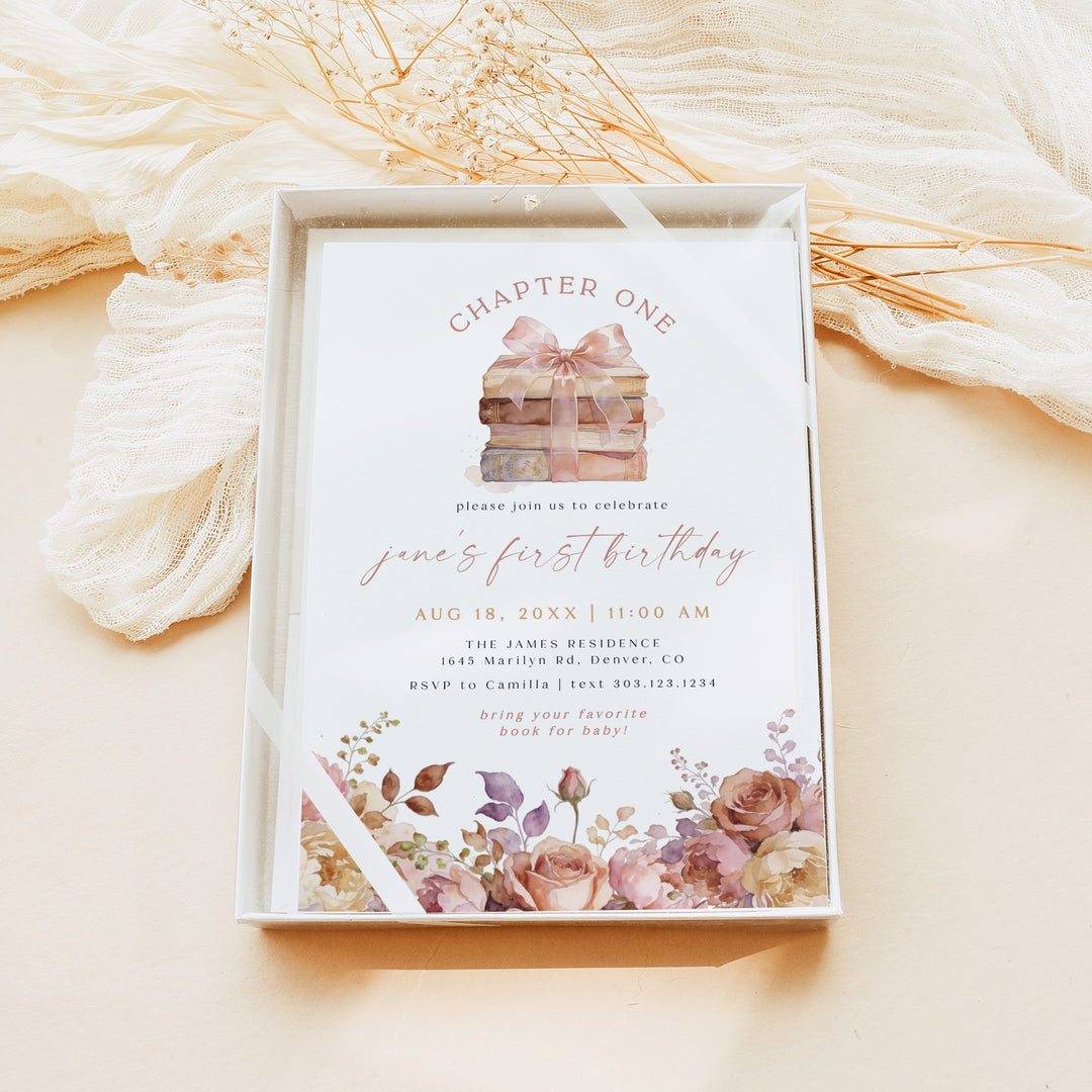 JANE Blush Pink Floral Storybook First Birthday Party Invitation