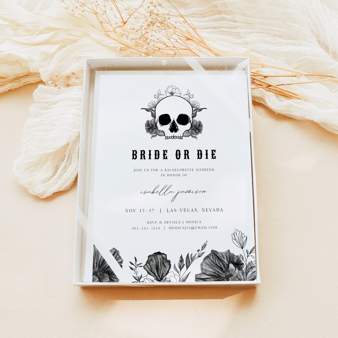 NOVA Bride or Die Bachelorette Invitation & Weekend Itinerary