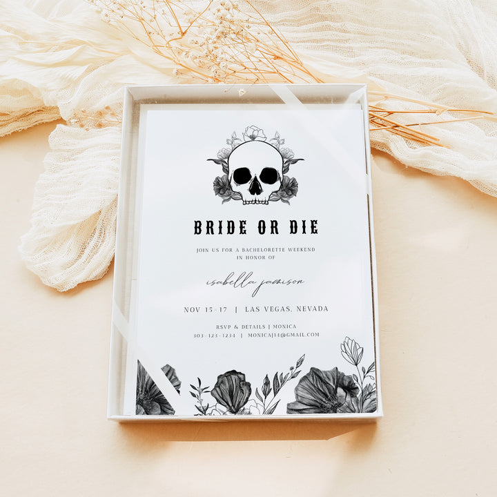 NOVA Bride or Die Bachelorette Invitation & Weekend Itinerary