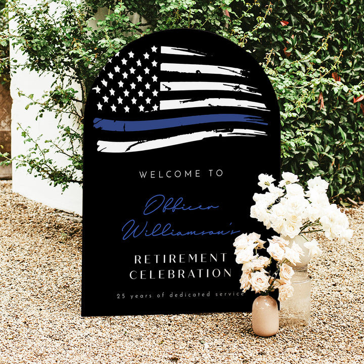 POLICE Black Retirement Party Sign with Thin Blue Line Police Flag