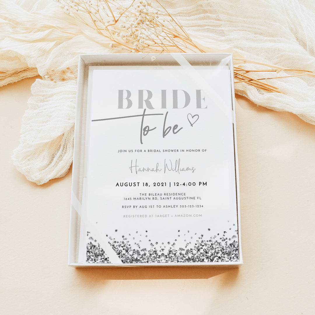 REGINA Modern Silver Glitter Bride To Be Bridal Shower Photo Invitation