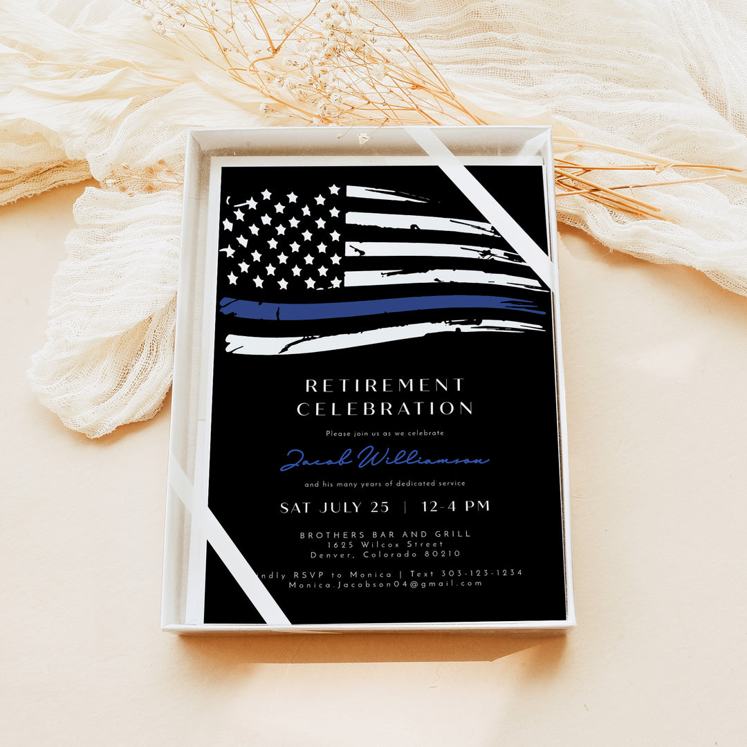 POLICE Retirement Invitation with Thin Blue Line Flag and Photo