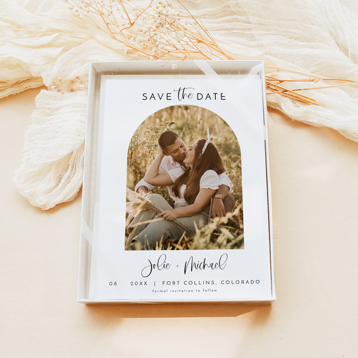 JOLIE Modern Boho Wedding Save the Date Cards with Arched Photo