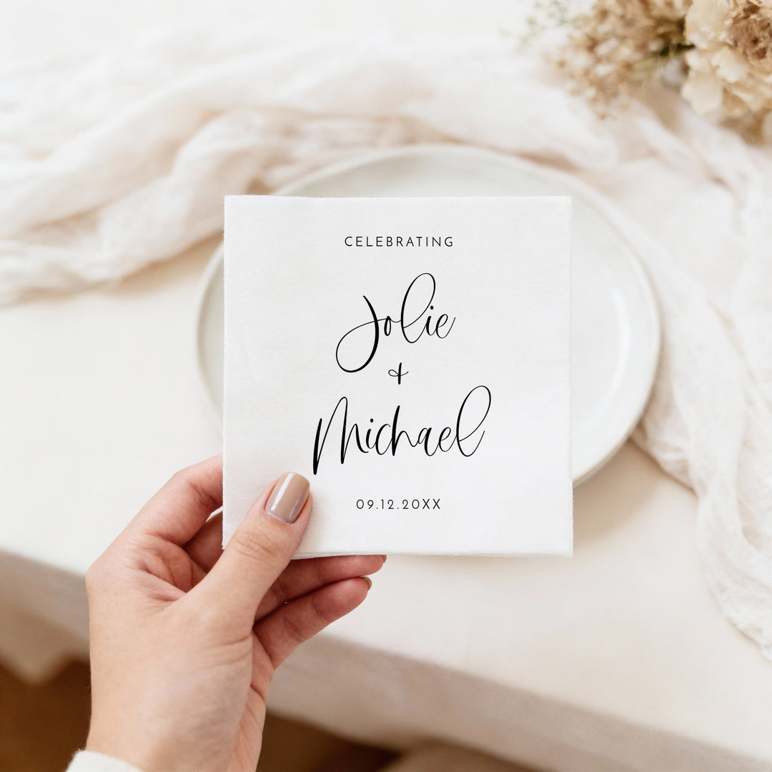 JOLIE Personalized Black and White Boho Wedding Napkins