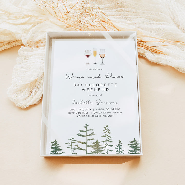 TIMBER Wine and Pines Camping Bachelorette Invitation & Itinerary