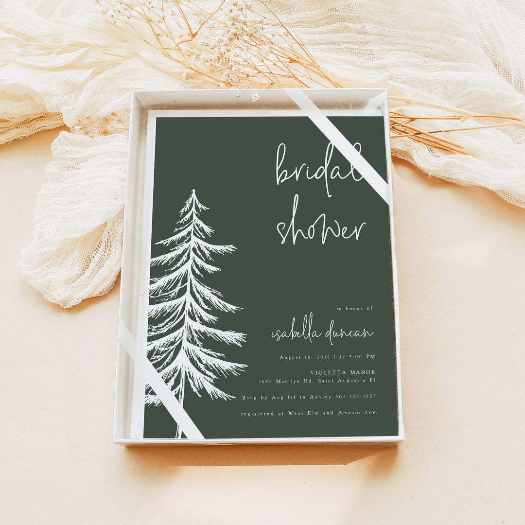 ASH Rustic Forest Green Pine Tree Bridal Shower Photo Invite