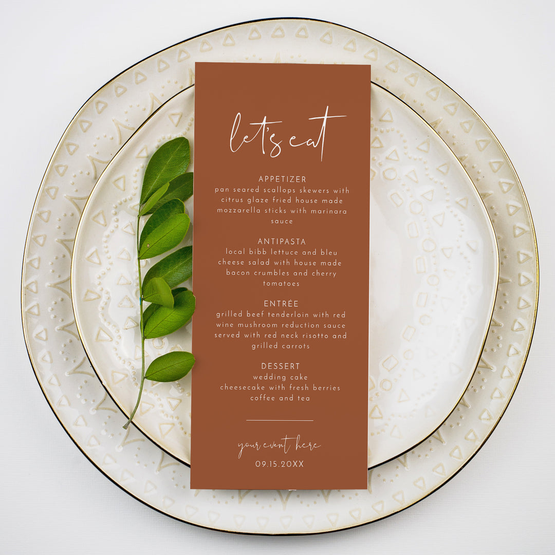 CORIANDER Burnt Orange Desert Wedding Dinner Menu Cards