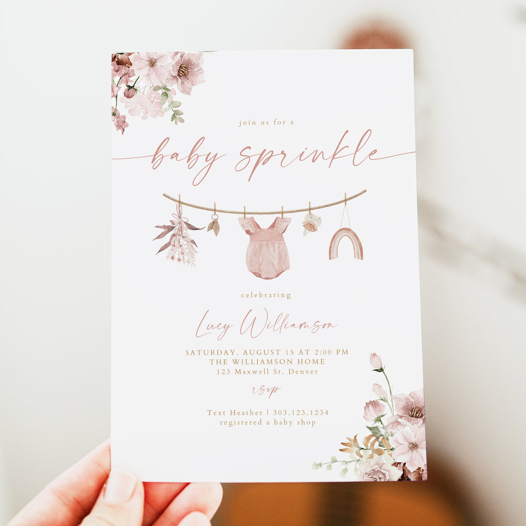 LUCY Blush Pink Floral Girl Clothesline Baby Sprinkle Invitation