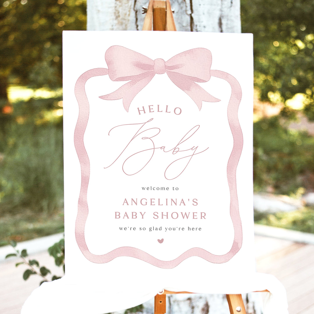ANGELINA Elegant Pink Bow Baby Shower Welcome Sign