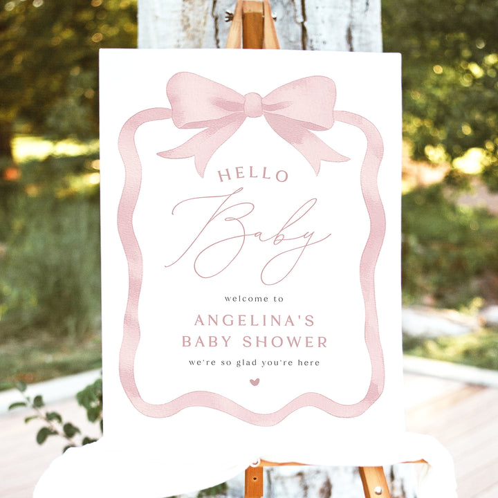 ANGELINA Elegant Pink Bow Baby Shower Welcome Sign