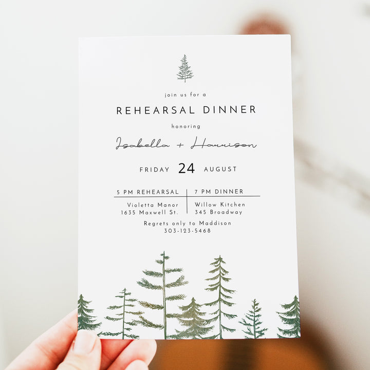 TIMBER Rustic Green Pine Forest Wedding Rehearsal Dinner Invitations