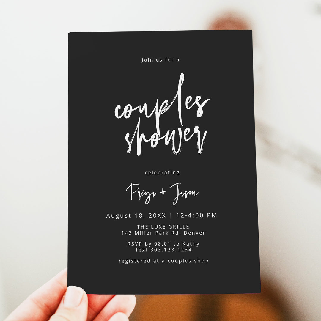 PRIYA Moody Black and White Couples Wedding Shower Invitations
