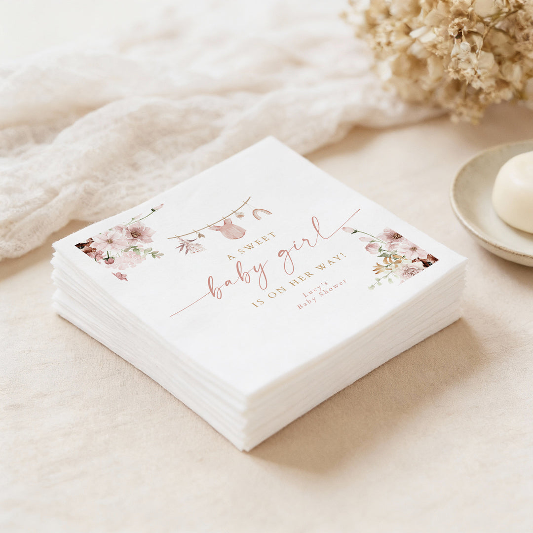 LUCY Personalized Pink Clothesline Boho Baby Shower Napkins
