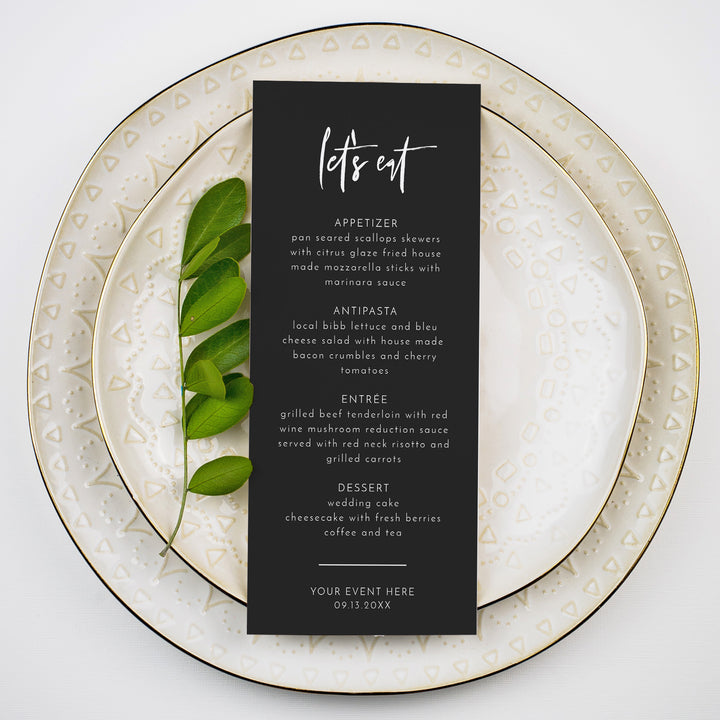 PRIYA Edgy Modern Black Let's Eat Menu Cards