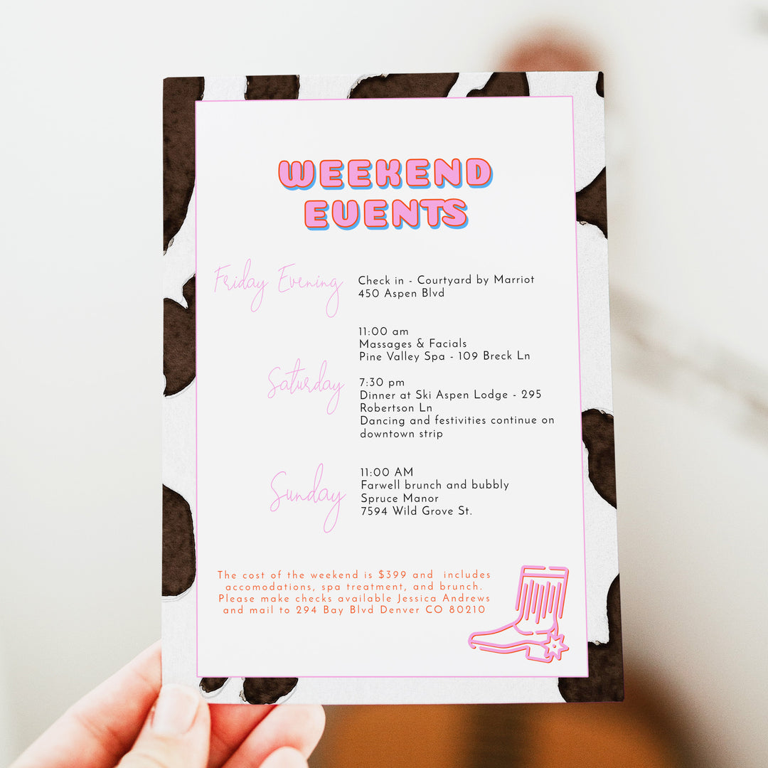 DINA Retro Pink Disco Cowgirl Bachelorette Invitations & Itinerary