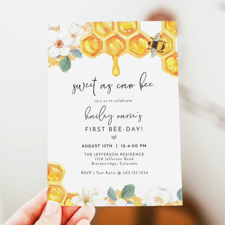 ROMY Sweet as Can Bee Girl's 1st Birthday Party Invitation