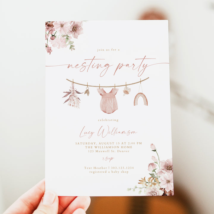 LUCY Dusty Rose Boho Girl Clothesline Nesting Party Invite