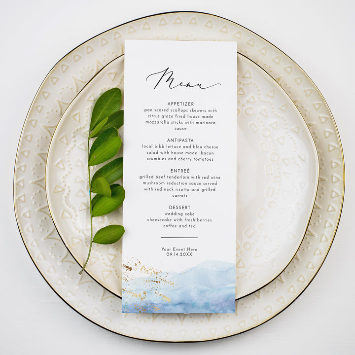 BLAKELY Elegant Dusty Blue Ocean Beach Menu Cards