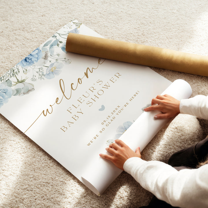 FLEUR Dusty Blue Boho Floral Baby Shower Welcome Sign