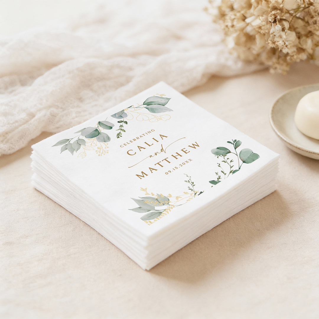 CALIA Sage Green and Gold Eucalyptus Wedding Napkins