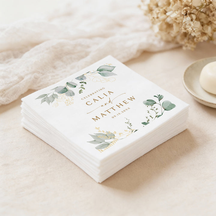 CALIA Sage Green and Gold Eucalyptus Wedding Napkins