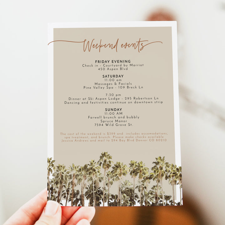 JADE Palm Tree Beach Bachelorette Party Invitation and Itinerary