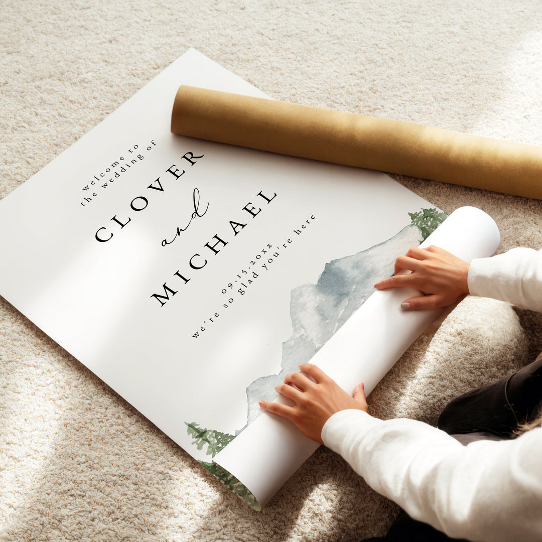 CLOVER Watercolor Mountain Wedding Welcome Sign