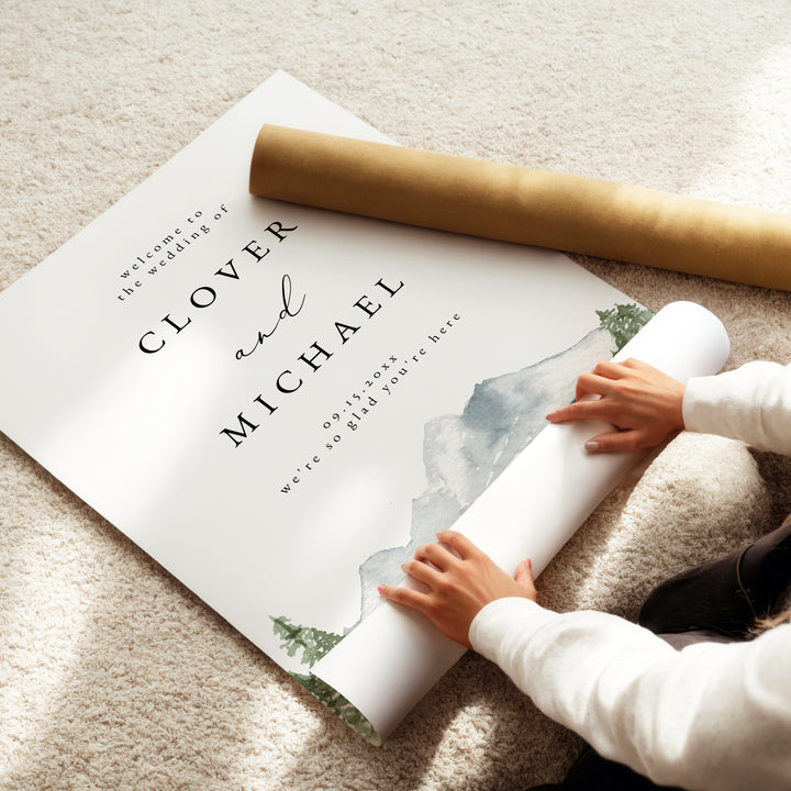 CLOVER Watercolor Mountain Wedding Welcome Sign